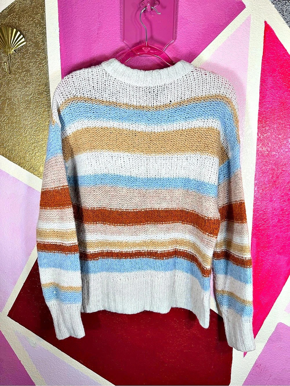 American Eagle Medium Striped Fuzzy Knit Sweater Blue Rust Tan Cream Oversized